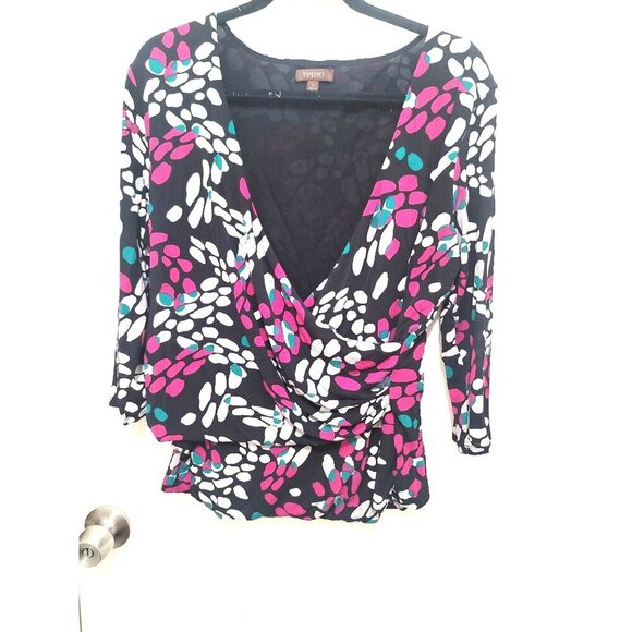Tesori Womens Multicolor Floral Print Drape V-Neck Silky Top Size XL - Picture 2 of 11